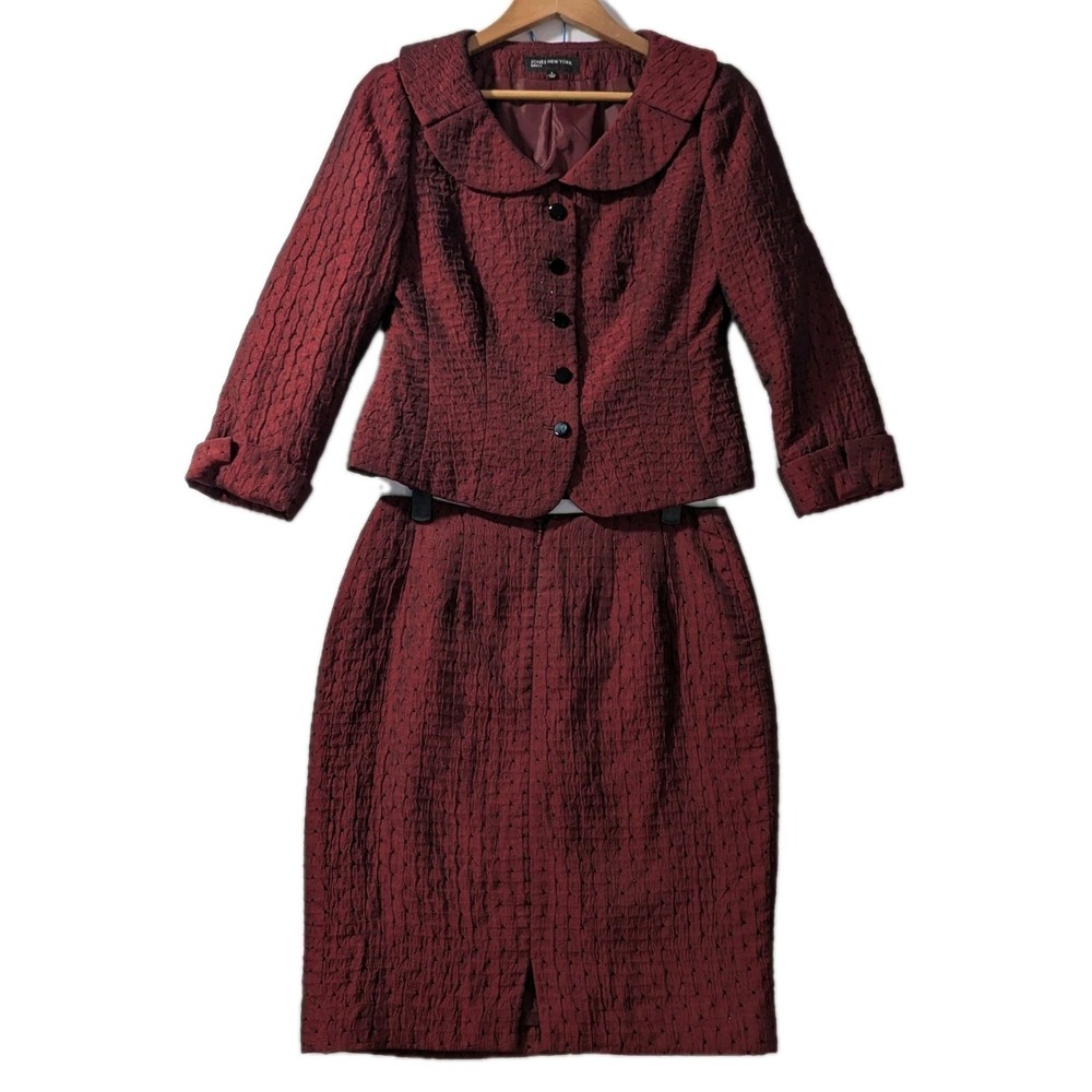 Y2K Jones New York 2pc Skirt Suit Size 4 Burgundy Textured‎ Office